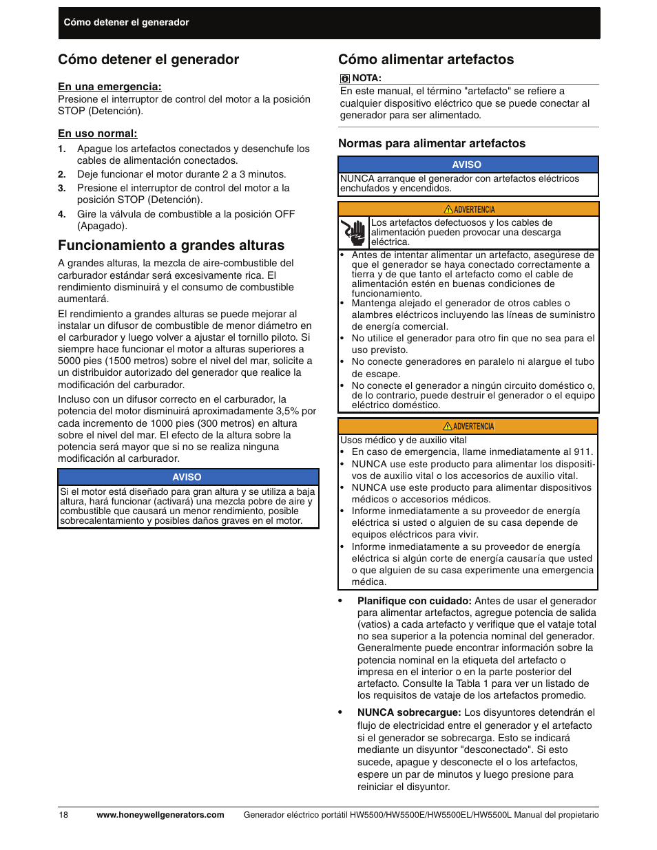 Cómo detener el generador, Funcionamiento a grandes alturas, Cómo alimentar artefactos | Honeywell HW5500L User Manual | Page 70 / 94