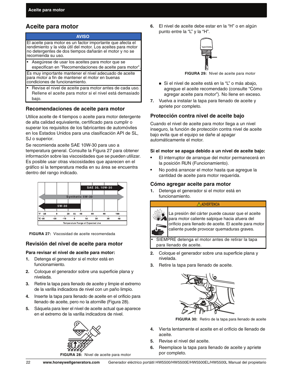 Aceite para motor, Revisión del nivel de aceite para motor, Cómo agregar aceite para motor | Honeywell HW5500L User Manual | Page 74 / 94