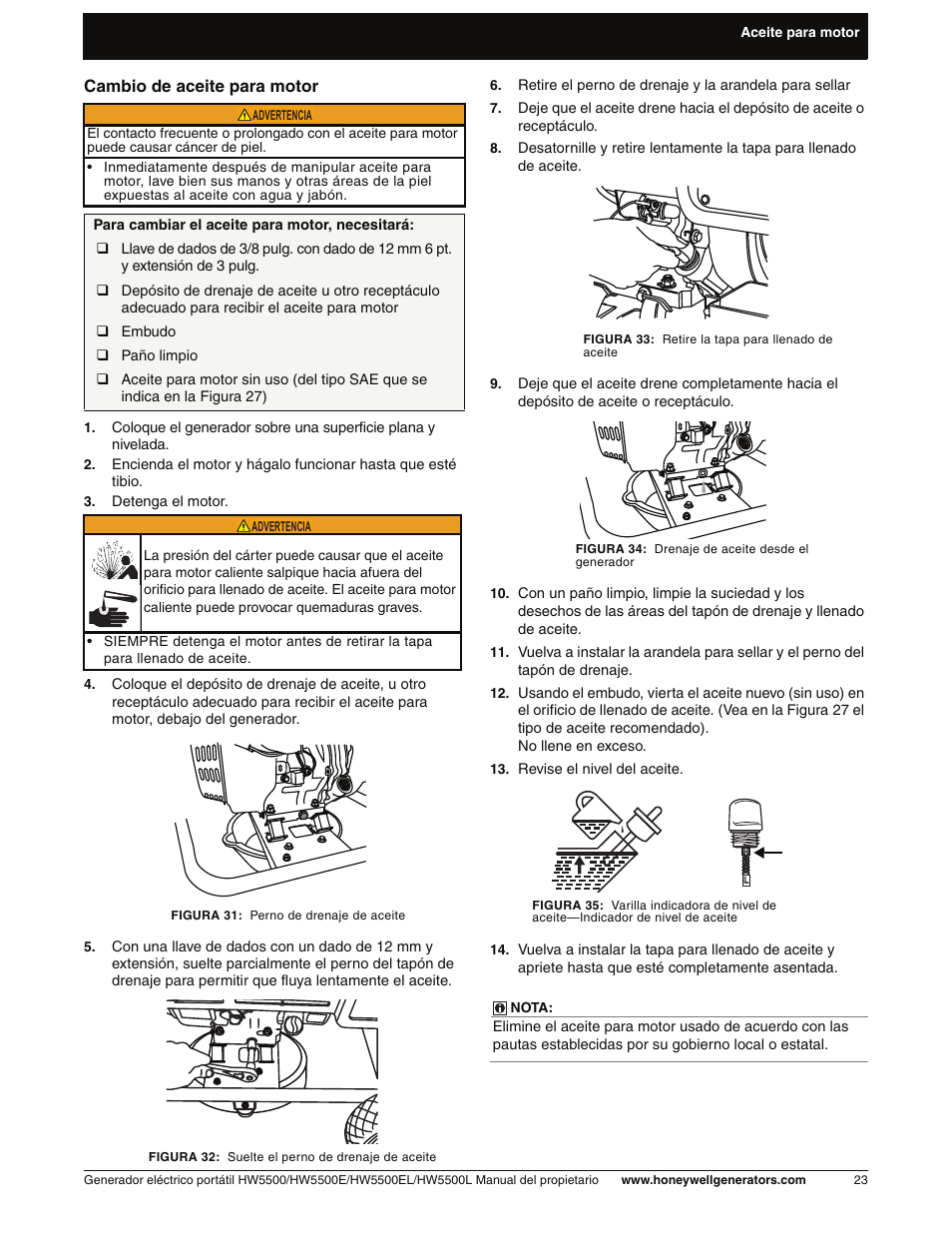 Cambio de aceite para motor | Honeywell HW5500L User Manual | Page 75 / 94