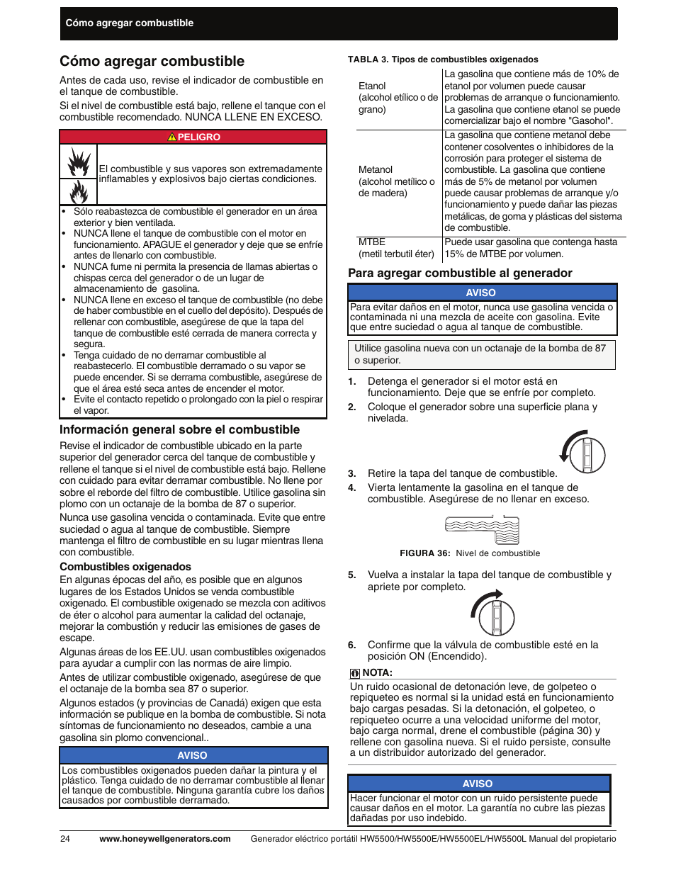 Cómo agregar combustible, Para agregar combustible al generador | Honeywell HW5500L User Manual | Page 76 / 94