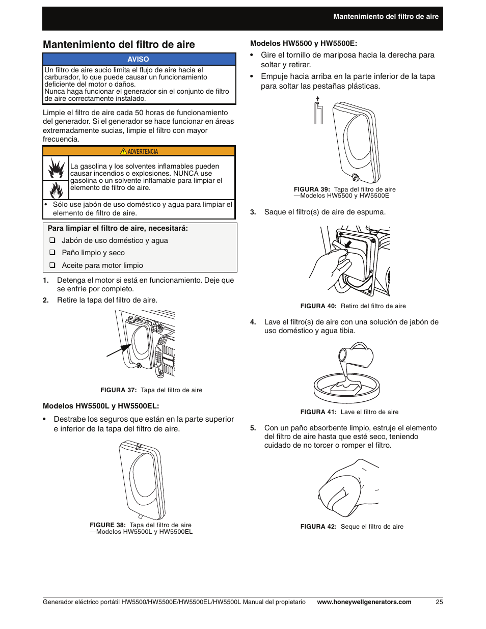 Mantenimiento del filtro de aire | Honeywell HW5500L User Manual | Page 77 / 94