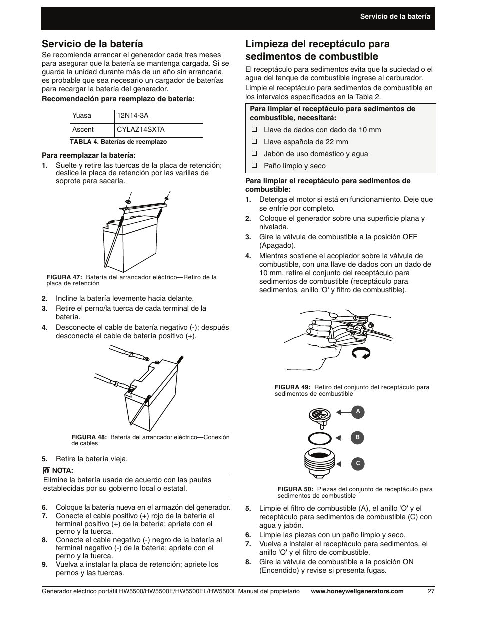 Servicio de la batería | Honeywell HW5500L User Manual | Page 79 / 94