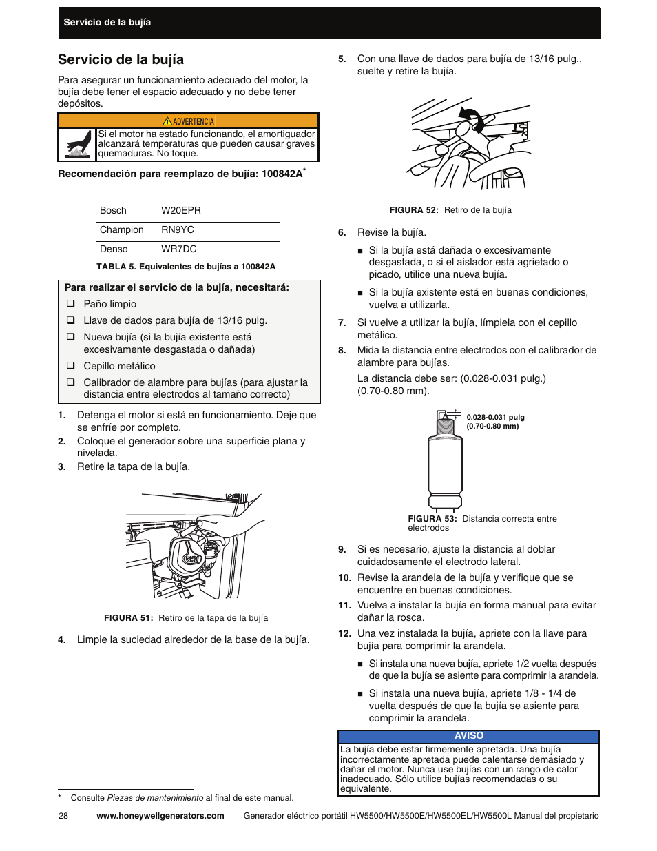 Servicio de la bujía | Honeywell HW5500L User Manual | Page 80 / 94