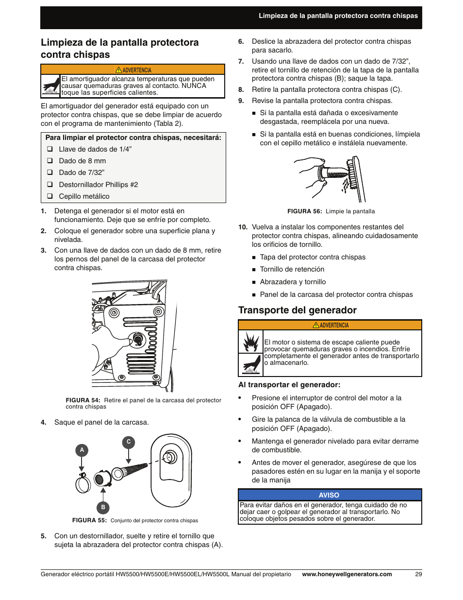 Limpieza de la pantalla protectoracontra chispas, Transporte del generador, Limpieza de la pantalla protectora contra chispas | Honeywell HW5500L User Manual | Page 81 / 94