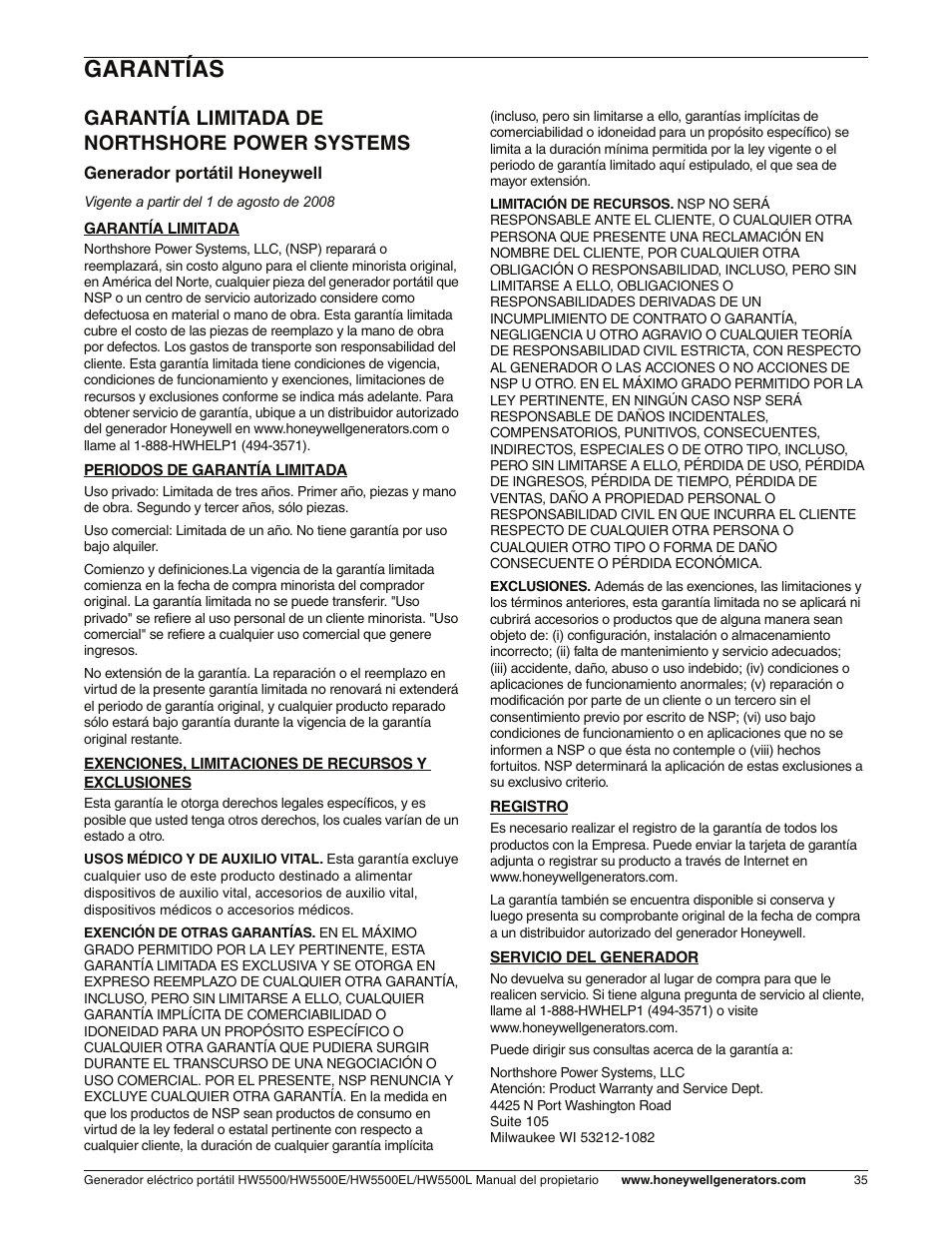 Garantías, Garantía limitade, Garantía limitada de northshore power systems | Honeywell HW5500L User Manual | Page 87 / 94