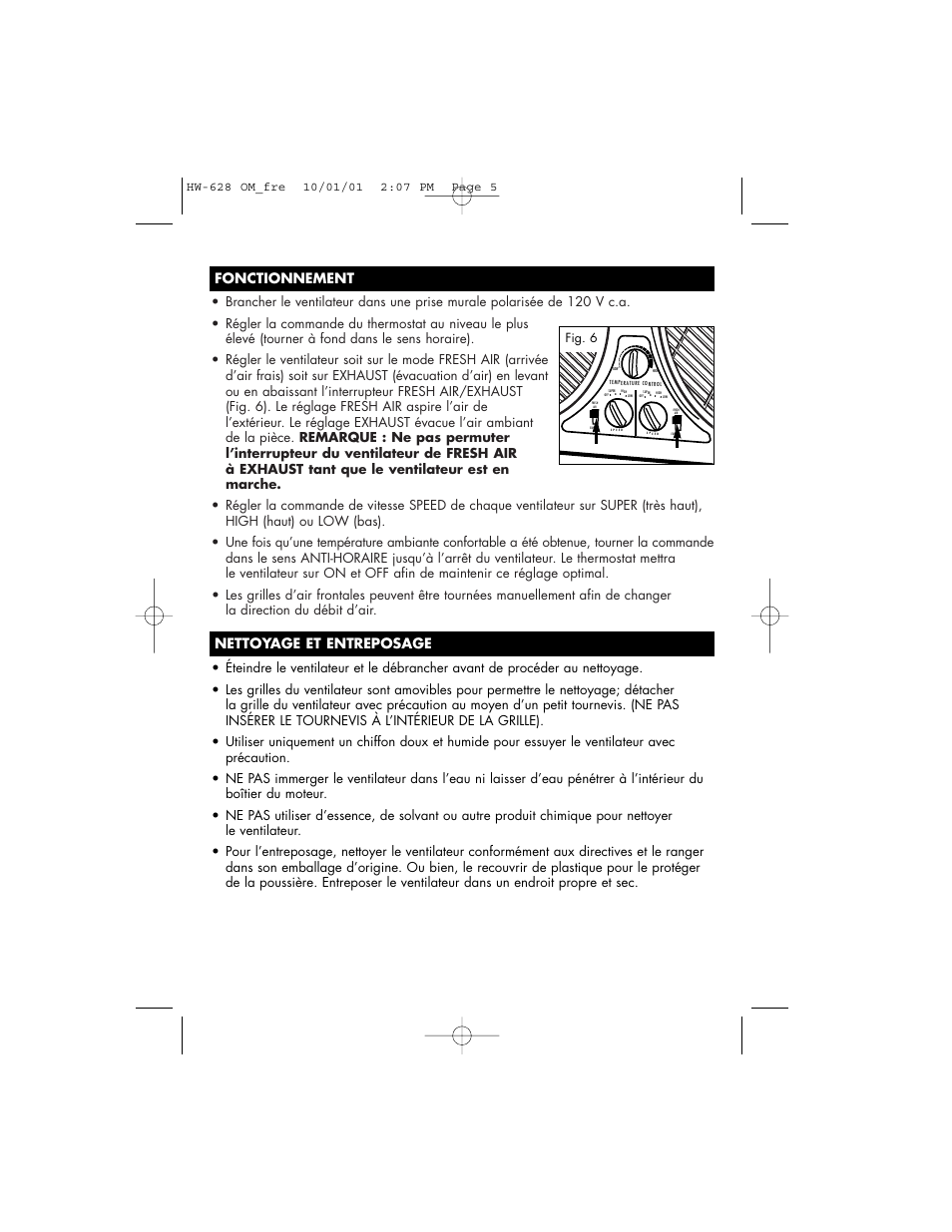 Fonctionnement, Nettoyage et entreposage | Honeywell HW-628 User Manual | Page 14 / 24