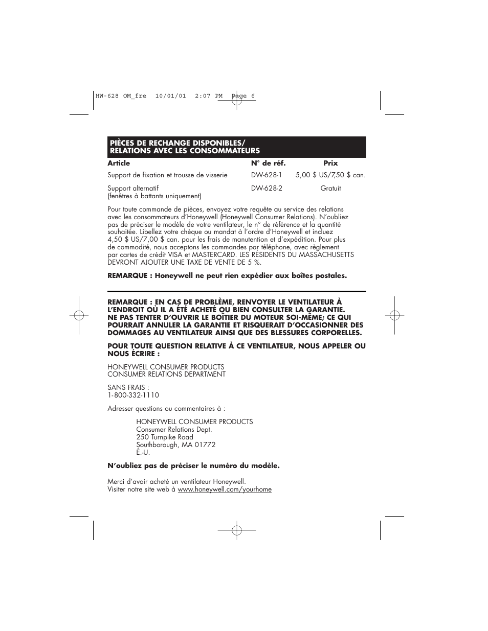 Honeywell HW-628 User Manual | Page 15 / 24