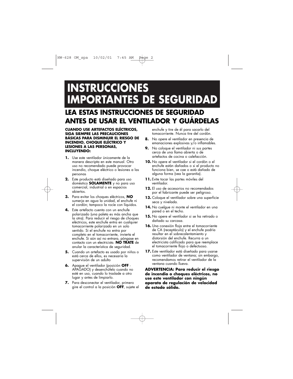 Instrucciones importantes de seguridad | Honeywell HW-628 User Manual | Page 19 / 24