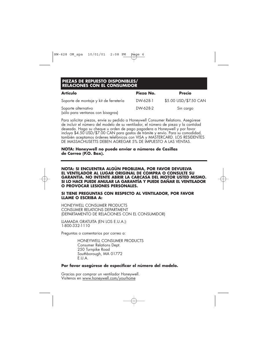 Honeywell HW-628 User Manual | Page 23 / 24