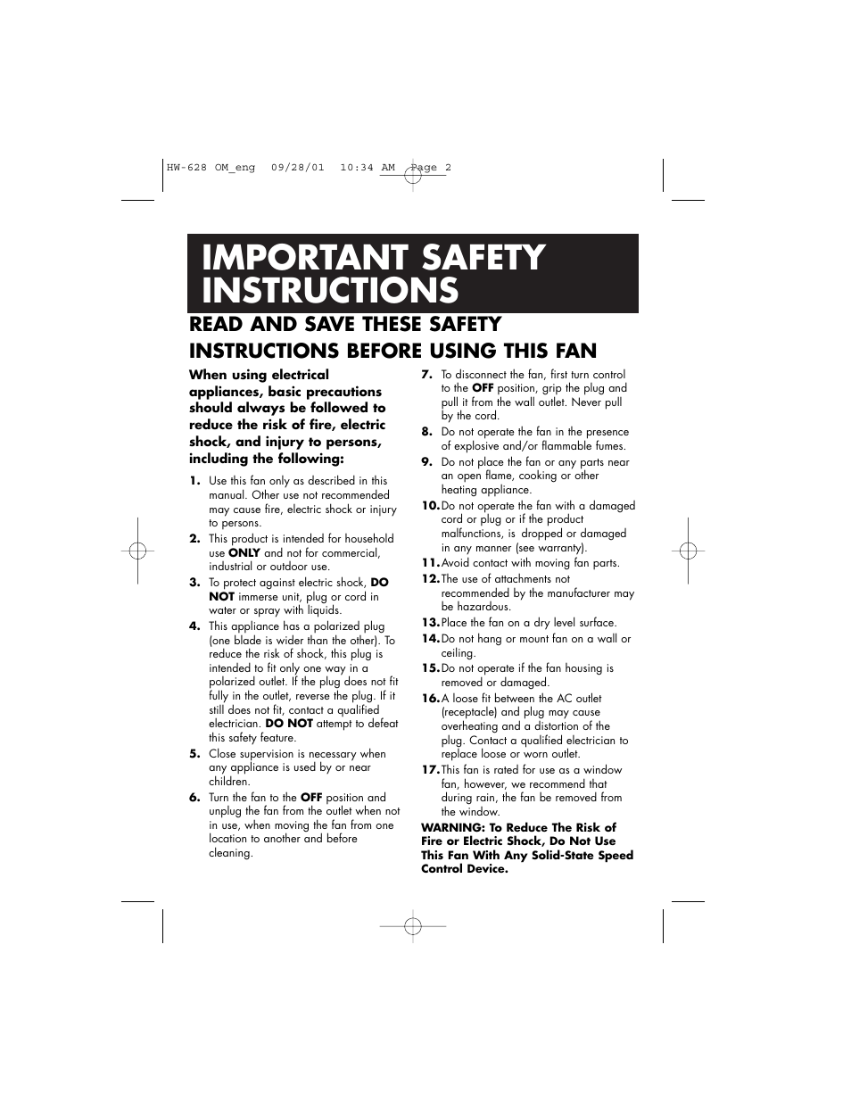Important safety instructions | Honeywell HW-628 User Manual | Page 3 / 24
