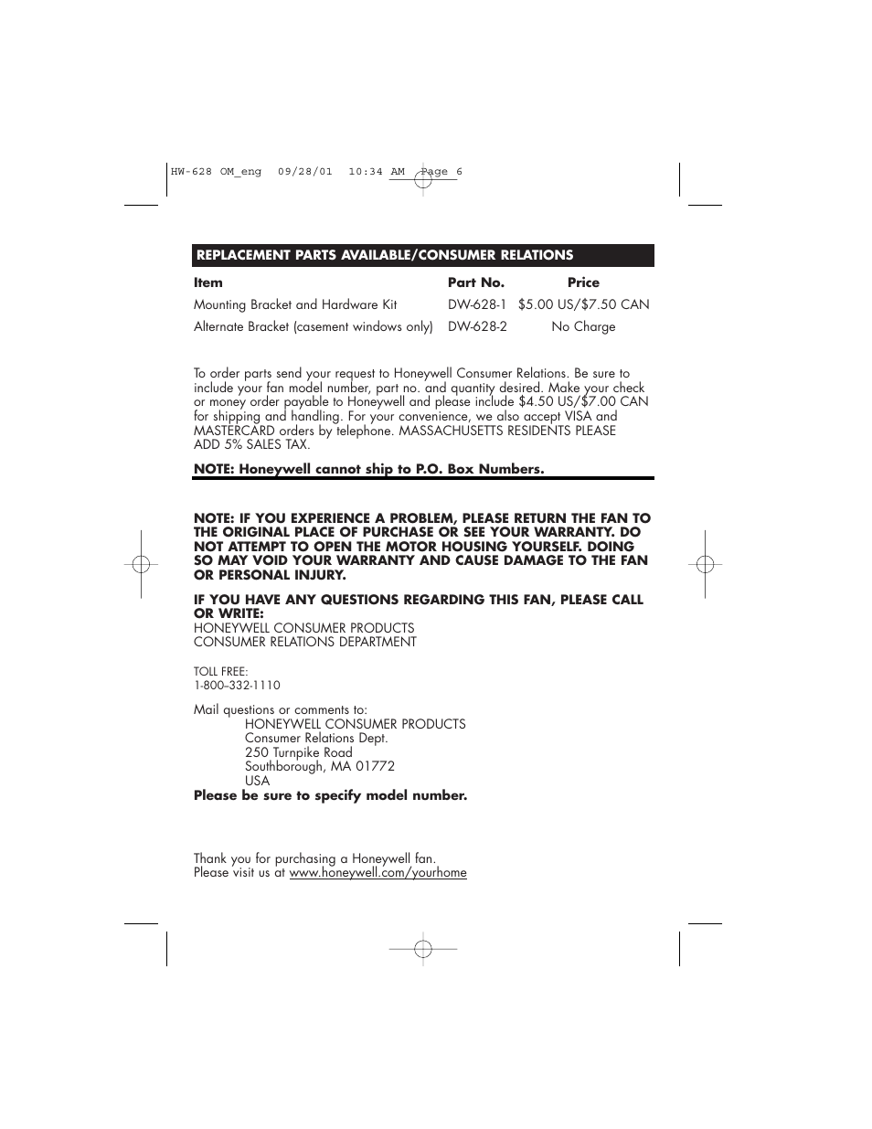 Honeywell HW-628 User Manual | Page 7 / 24