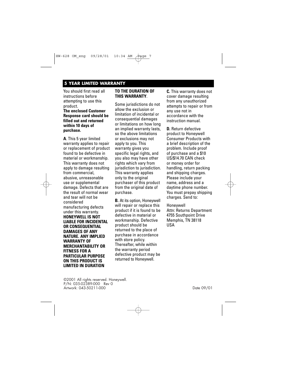 Honeywell HW-628 User Manual | Page 8 / 24