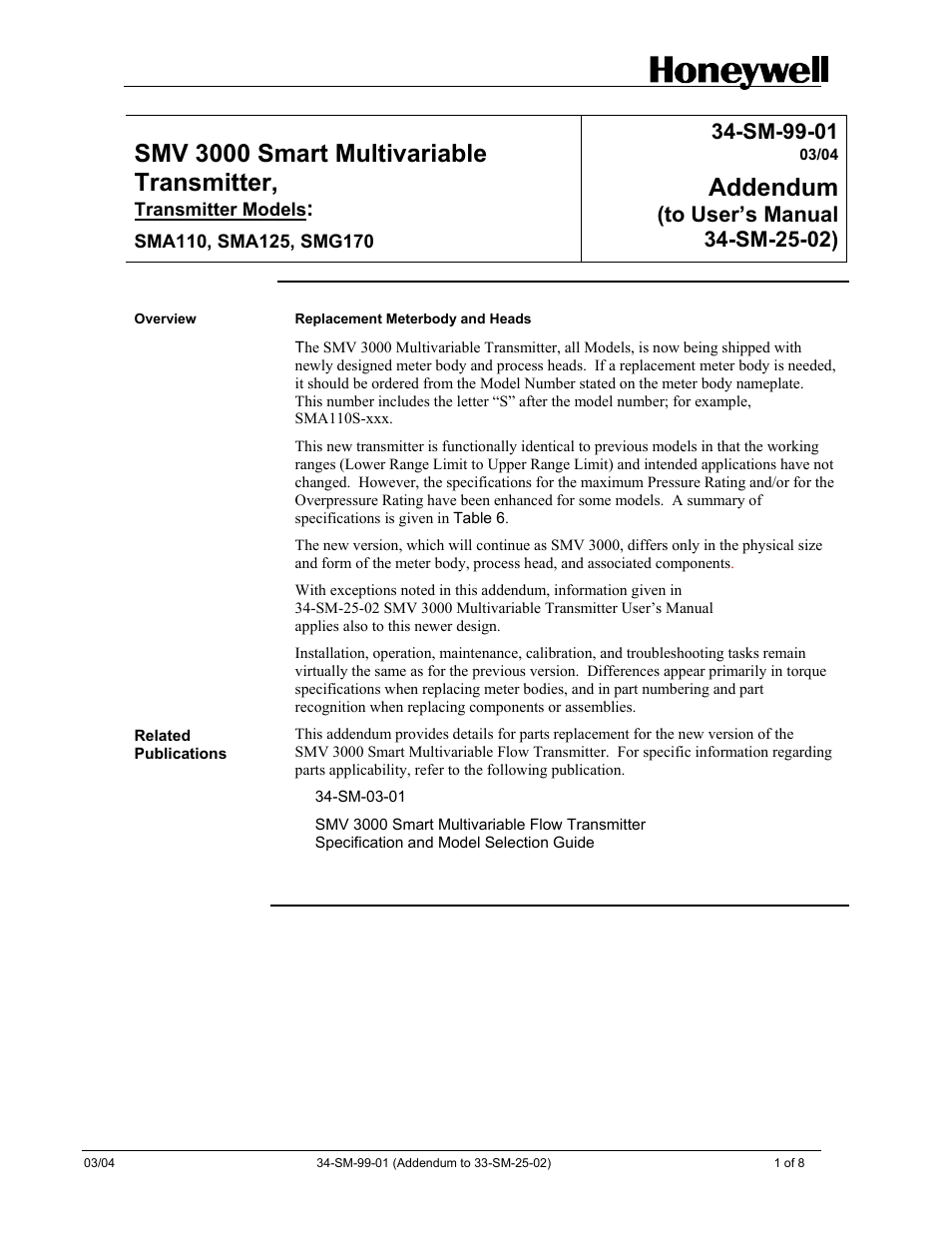 Smv 3000 smart multivariable transmitter, Addendum, Sm-99-01 | Honeywell SMV 3000 User Manual | Page 205 / 217