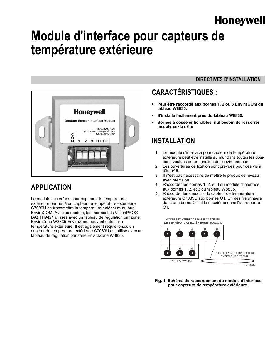 Application, Caractéristiques, Installation | Directives d'installation | Honeywell 69-2043EFS User Manual | Page 2 / 4