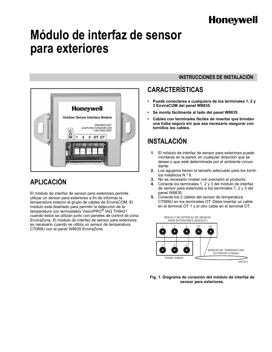 Aplicación, Características, Instalación | Módulo de interfaz de sensor para exteriores, Instrucciones de instalación | Honeywell 69-2043EFS User Manual | Page 3 / 4