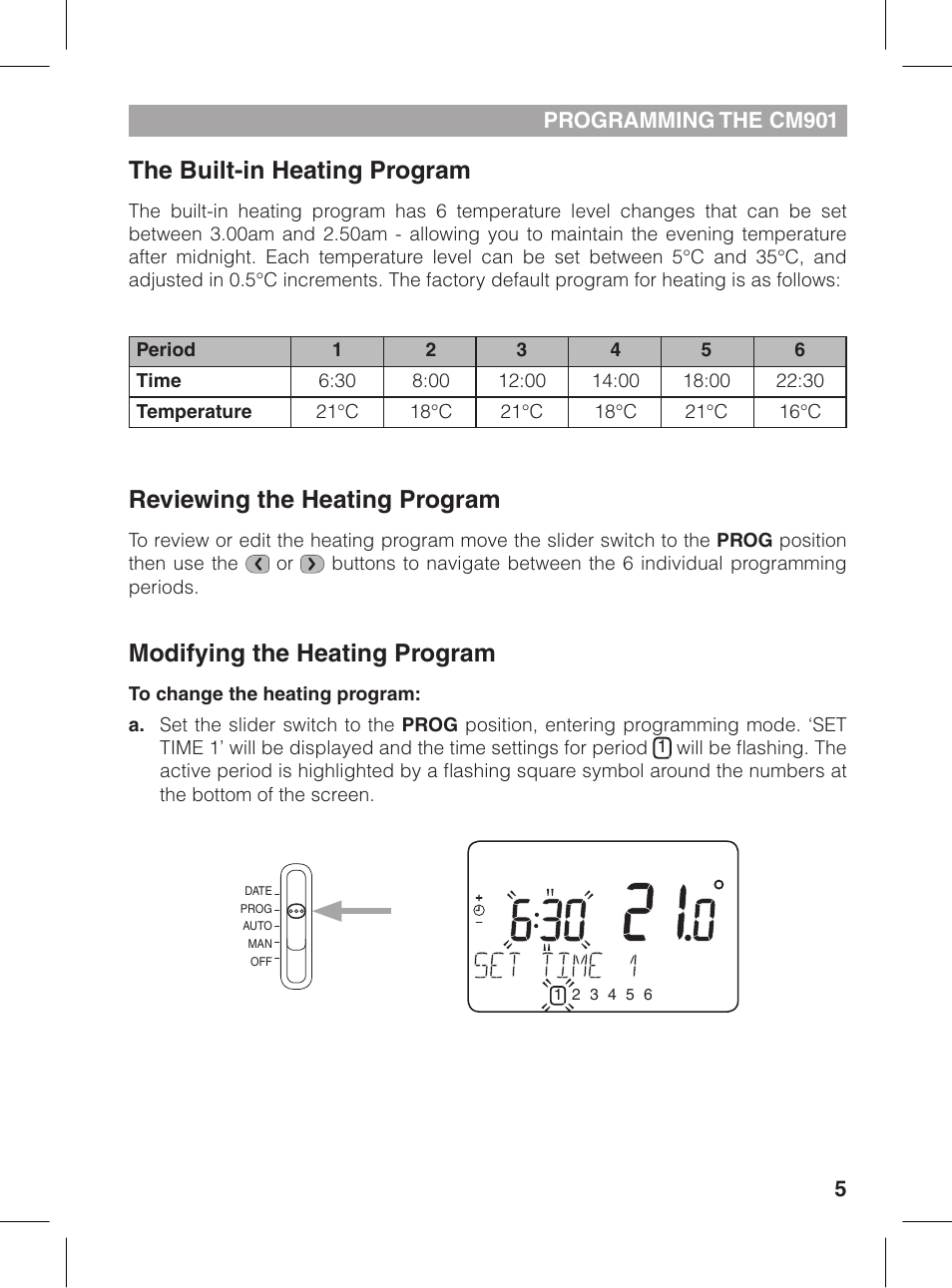 The built-in heating program, Reviewing the heating program, Modifying the heating program | Honeywell CM901 User Manual | Page 5 / 18