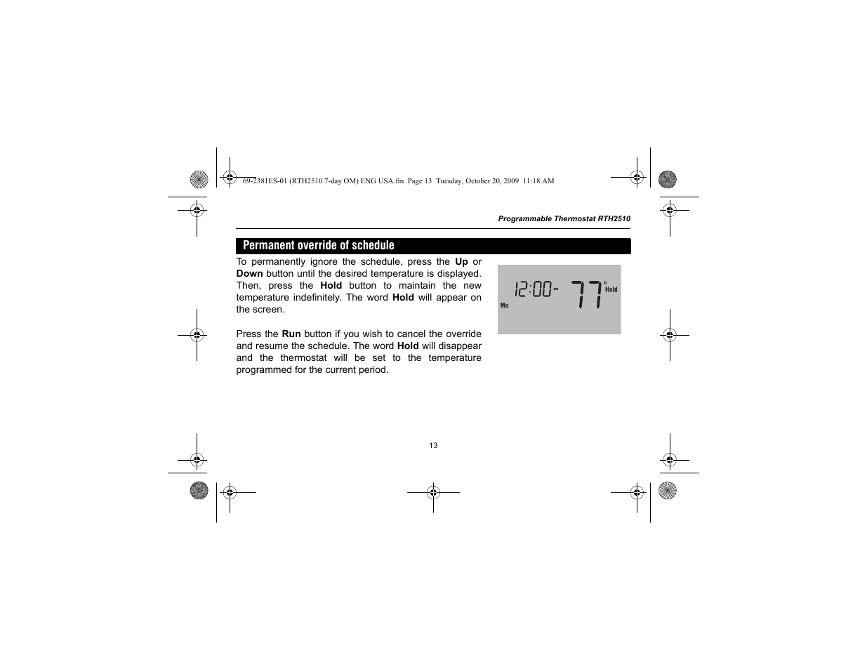 Permanent override of schedule | Honeywell RTH2510 User Manual | Page 15 / 44