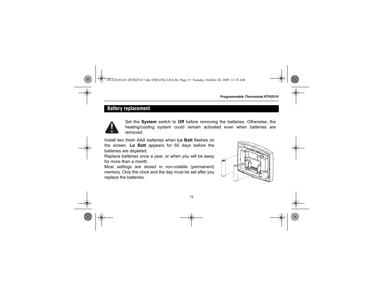 Battery replacement | Honeywell RTH2510 User Manual | Page 17 / 44