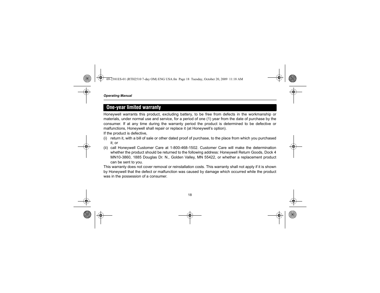 One-year limited warranty | Honeywell RTH2510 User Manual | Page 20 / 44