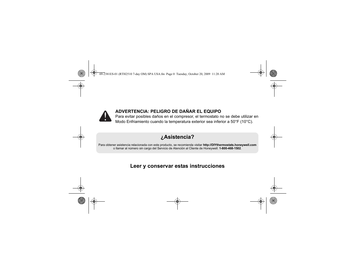 Leer y conservar estas instrucciones, Asistencia | Honeywell RTH2510 User Manual | Page 24 / 44