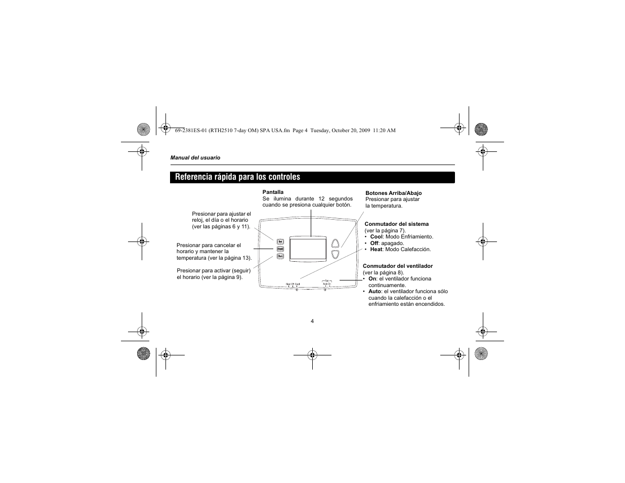 Referencia rápida para los controles | Honeywell RTH2510 User Manual | Page 28 / 44
