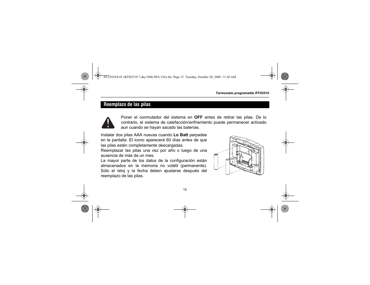 Reemplazo de las pilas | Honeywell RTH2510 User Manual | Page 39 / 44