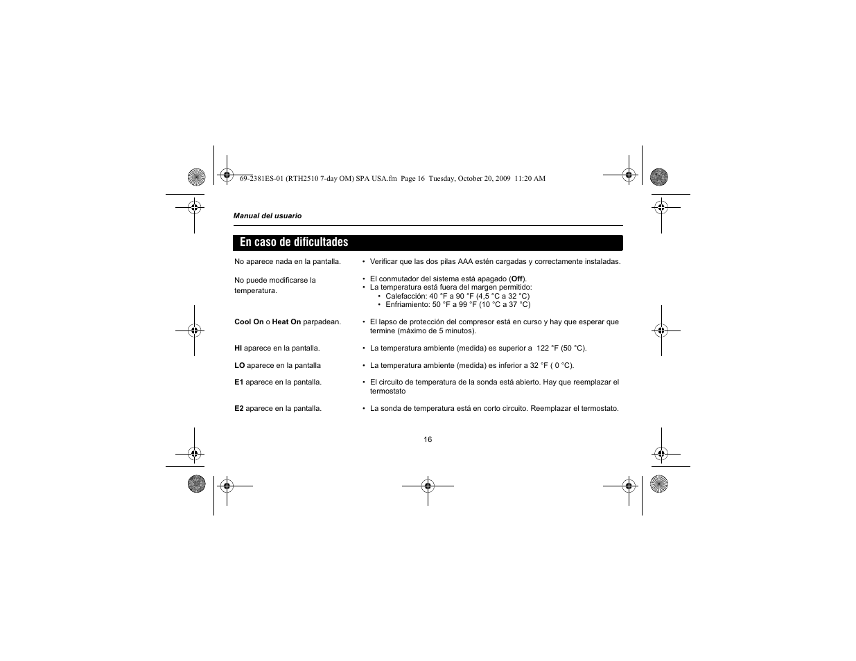 En caso de dificultades | Honeywell RTH2510 User Manual | Page 40 / 44