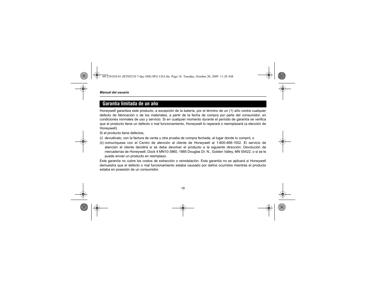 Garantía limitada de un año | Honeywell RTH2510 User Manual | Page 42 / 44