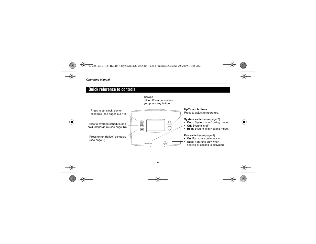 Quick reference to controls | Honeywell RTH2510 User Manual | Page 6 / 44