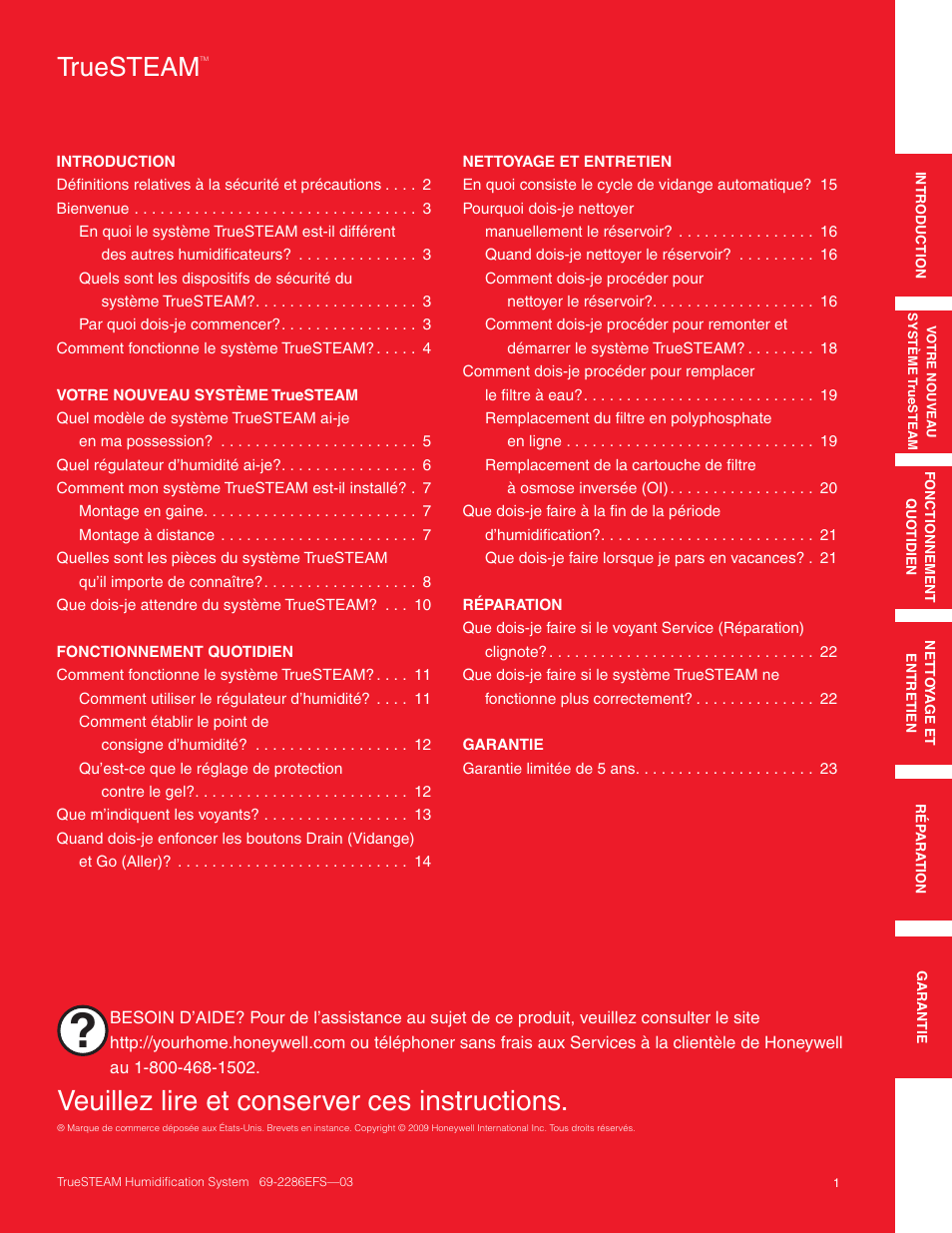 Veuillez lire et conserver ces instructions, Truesteam | Honeywell TRUESTEAM 69-2286EFS-03 User Manual | Page 29 / 80