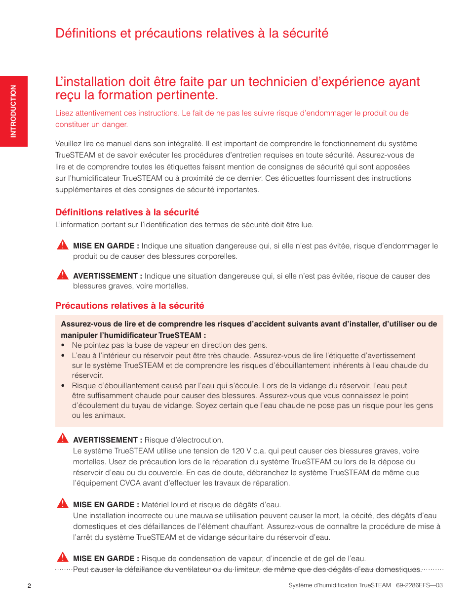 Définitions et précautions relatives à la sécurité | Honeywell TRUESTEAM 69-2286EFS-03 User Manual | Page 30 / 80