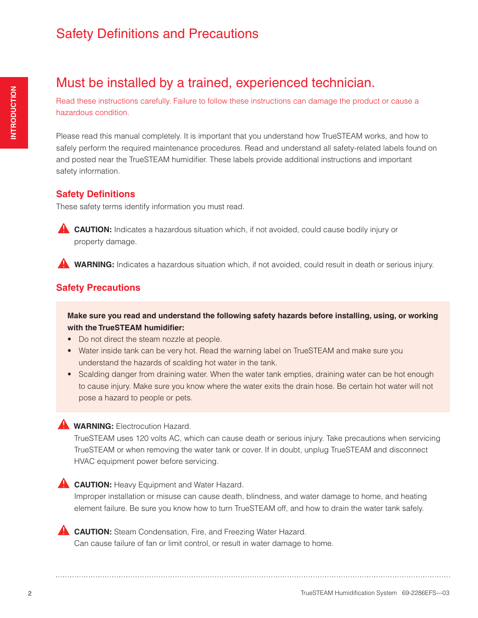 Safety definitions and precautions | Honeywell TRUESTEAM 69-2286EFS-03 User Manual | Page 4 / 80