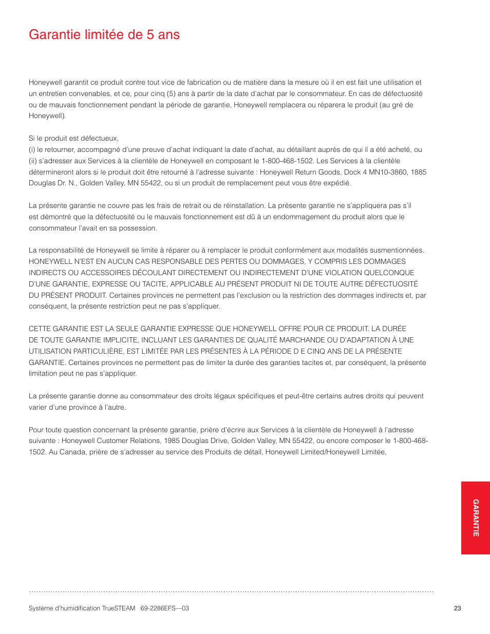 Garantie limitée de 5 ans | Honeywell TRUESTEAM 69-2286EFS-03 User Manual | Page 51 / 80
