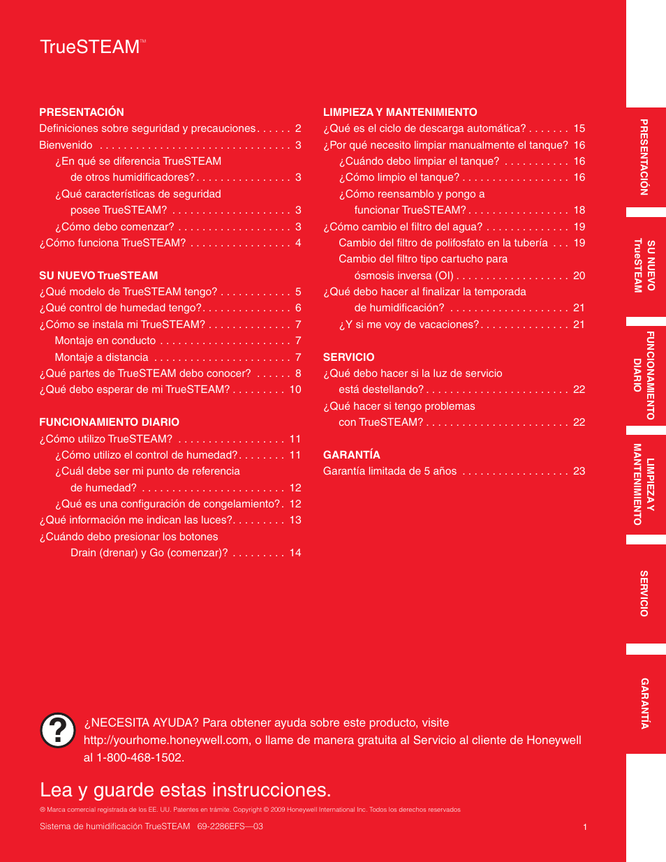 Lea y guarde estas instrucciones, Truesteam | Honeywell TRUESTEAM 69-2286EFS-03 User Manual | Page 55 / 80