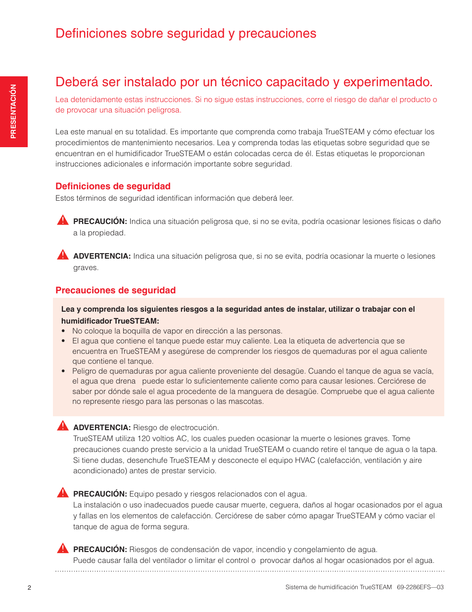Definiciones sobre seguridad y precauciones | Honeywell TRUESTEAM 69-2286EFS-03 User Manual | Page 56 / 80