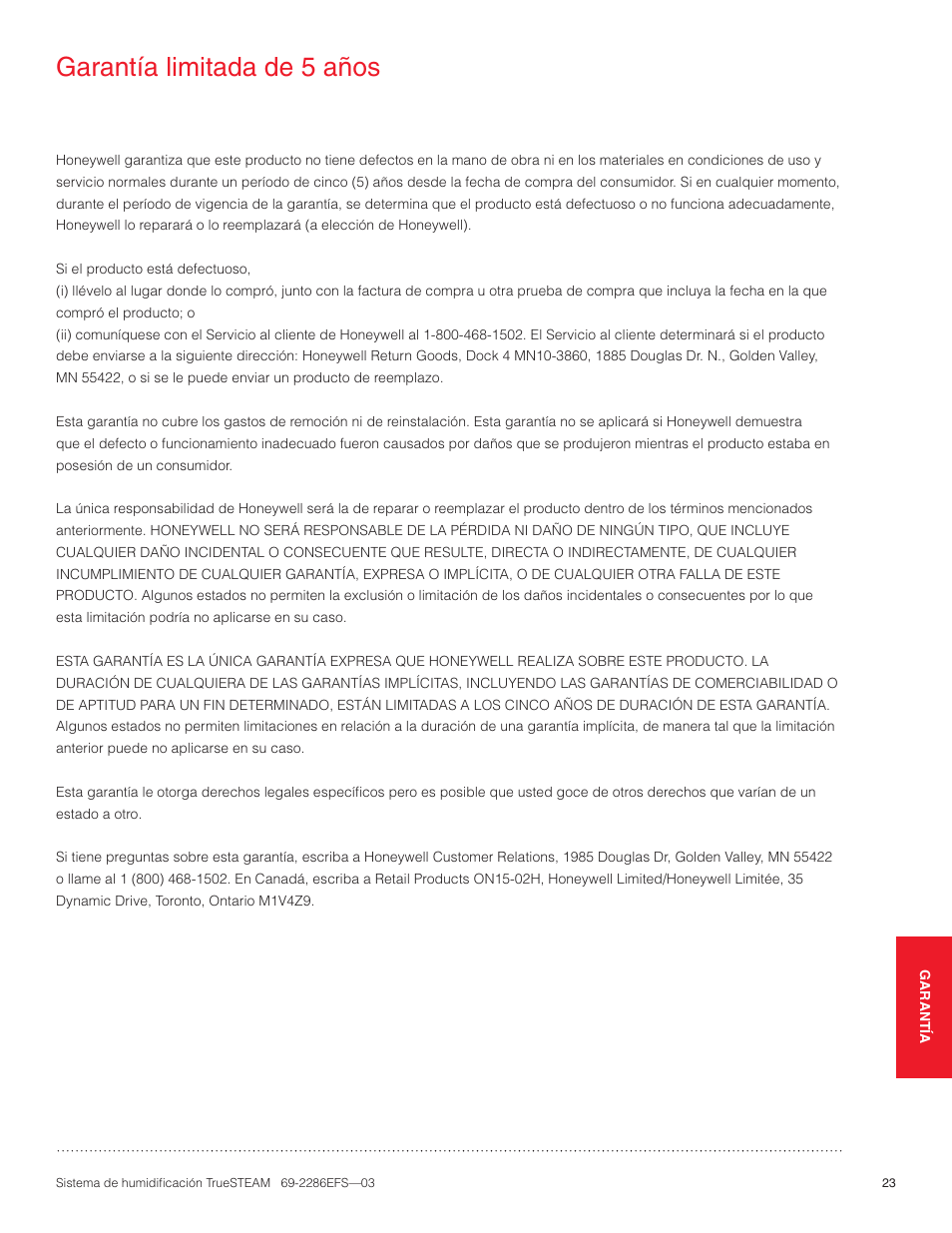 Garantía limitada de 5 años | Honeywell TRUESTEAM 69-2286EFS-03 User Manual | Page 77 / 80