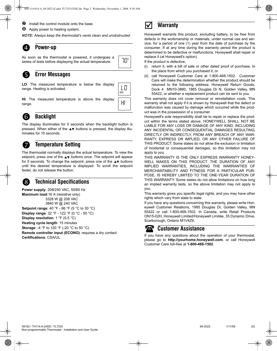 Power-up, Error messages, Backlight | Temperature setting, Technical specifications, Warranty, Customer assistance | Honeywell 8162 User Manual | Page 2 / 2