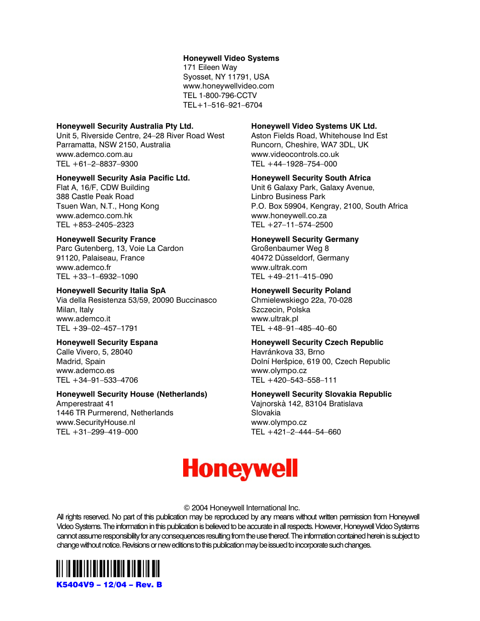 Honeywell RAPID EYE K5404V9 User Manual | Page 144 / 144