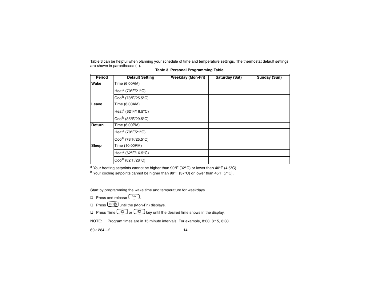 Program weekdays | Honeywell CT3550 User Manual | Page 14 / 24