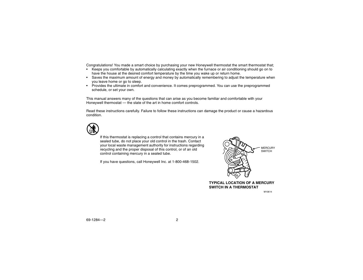 Mercury notice | Honeywell CT3550 User Manual | Page 2 / 24