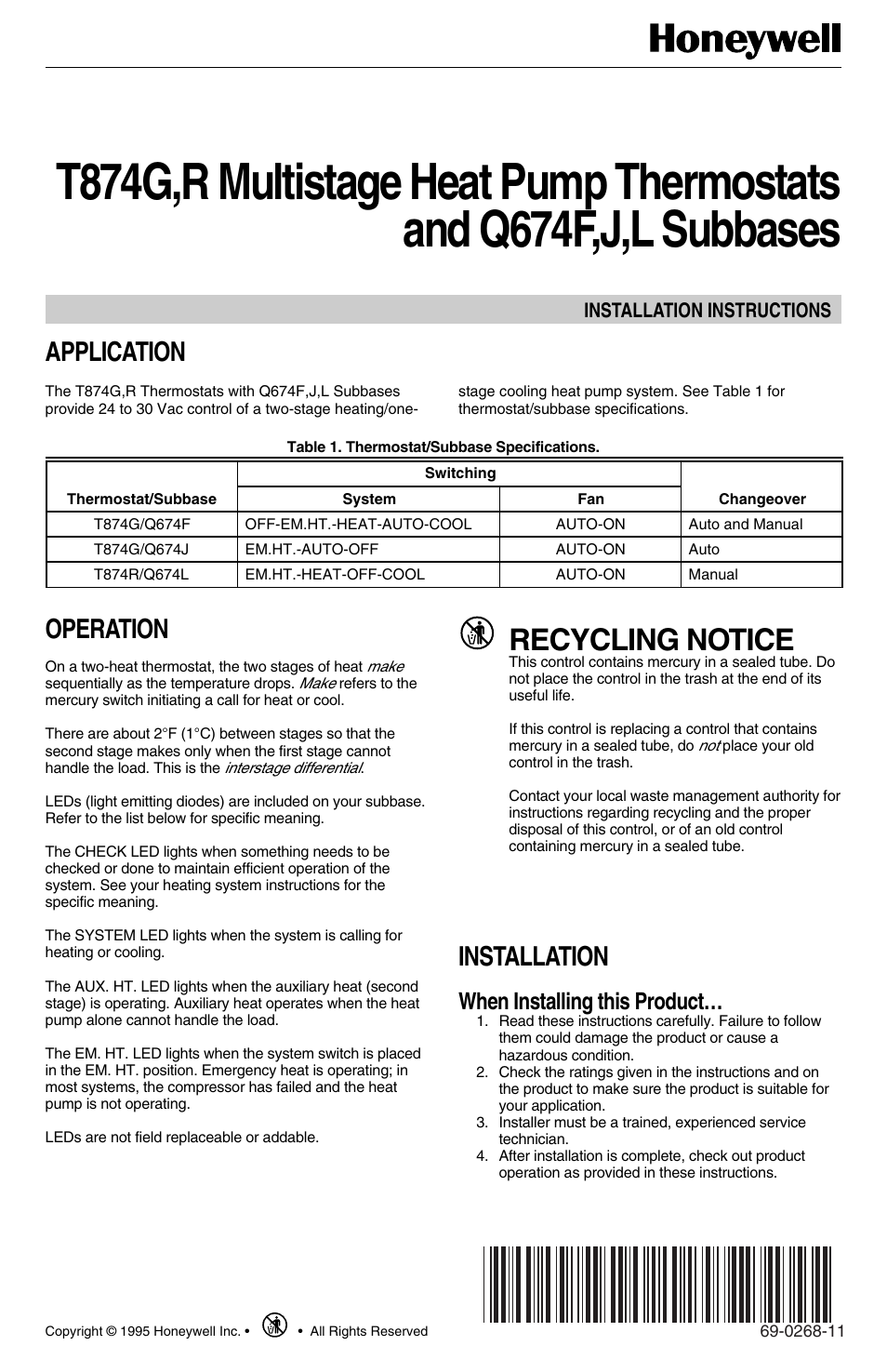 Honeywell Q674F User Manual | 12 pages