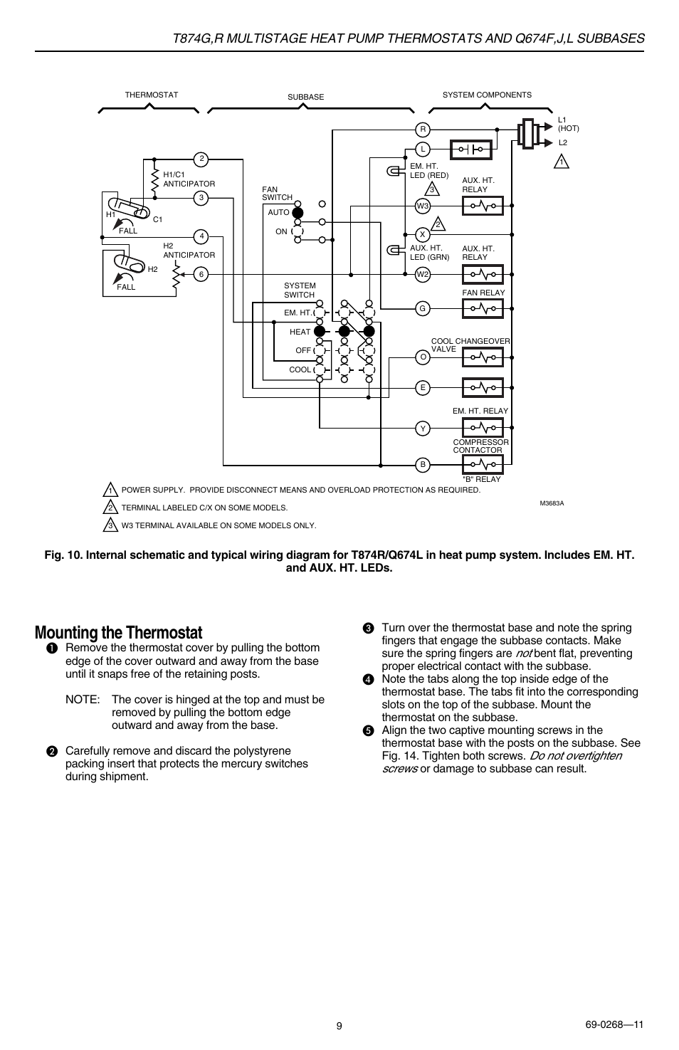 Mounting the thermostat, Do not overtighten screws, Or damage to subbase can result | Honeywell Q674F User Manual | Page 9 / 12