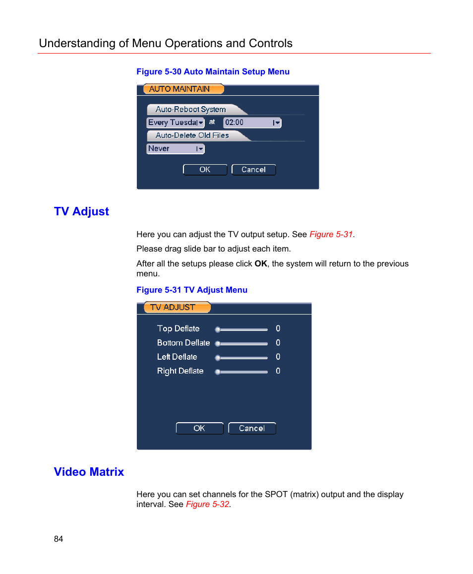 Tv adjust, Video matrix, Figure 5-30 auto maintain setup menu | Figure 5-31 tv adjust menu, Understanding of menu operations and controls | Honeywell HD-16DVR-C User Manual | Page 100 / 169