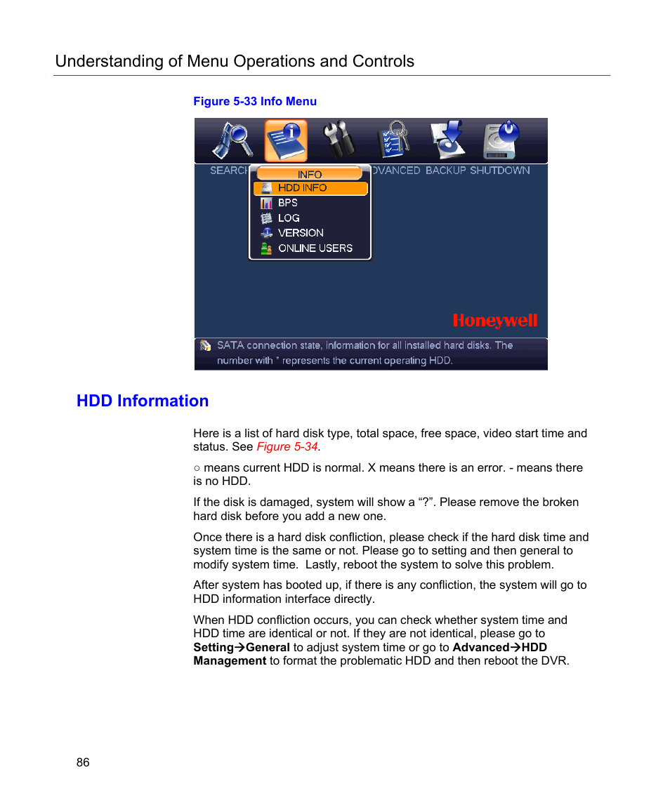 Hdd information, Figure 5-33 info menu, Understanding of menu operations and controls | Honeywell HD-16DVR-C User Manual | Page 102 / 169