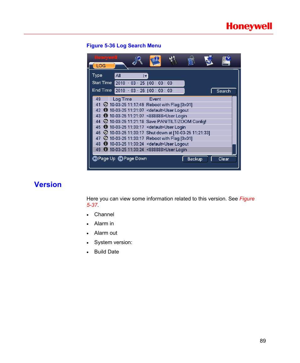 Version, Figure 5-36 log search menu, Honeywell | Honeywell HD-16DVR-C User Manual | Page 105 / 169
