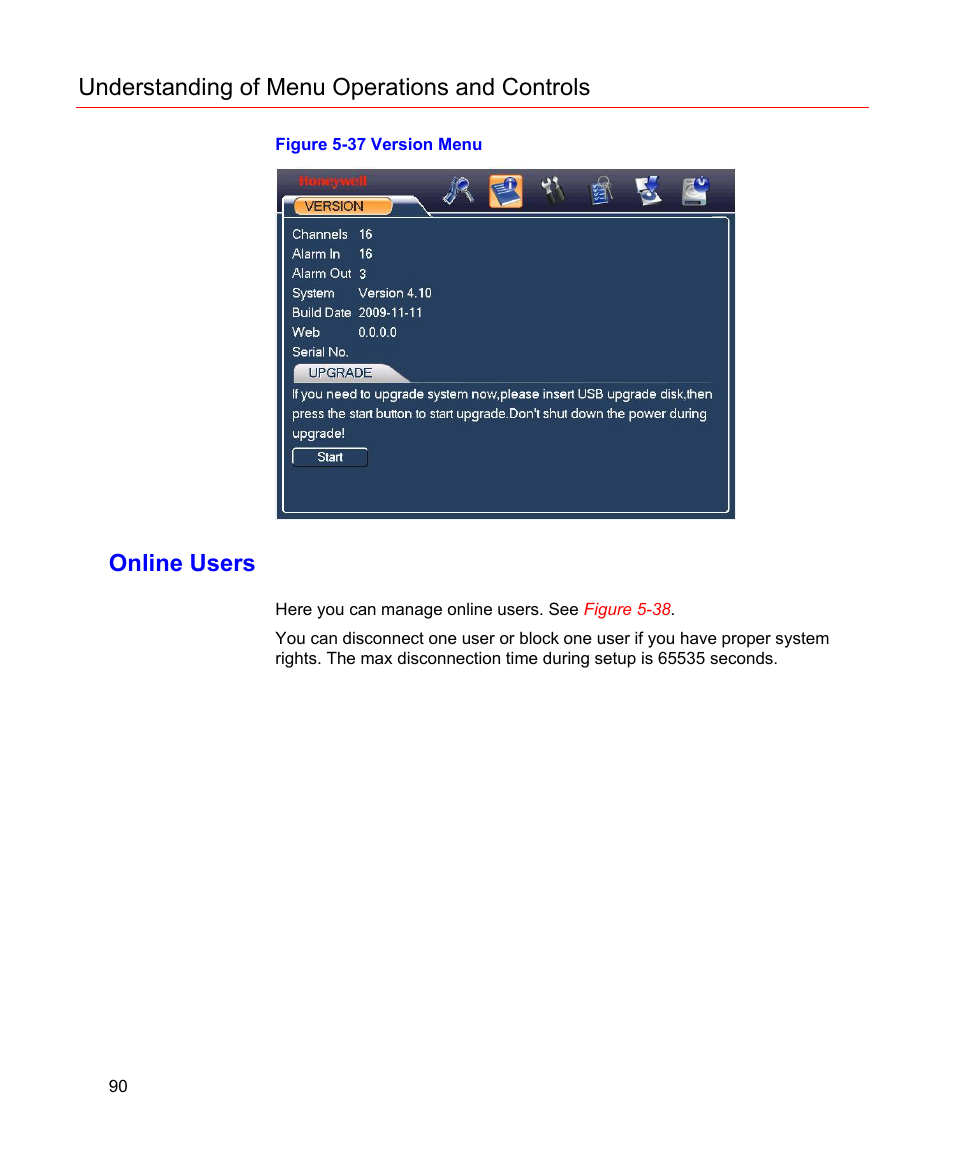 Online users, Figure 5-37 version menu, Ted to this version. see | Figure, Understanding of menu operations and controls | Honeywell HD-16DVR-C User Manual | Page 106 / 169