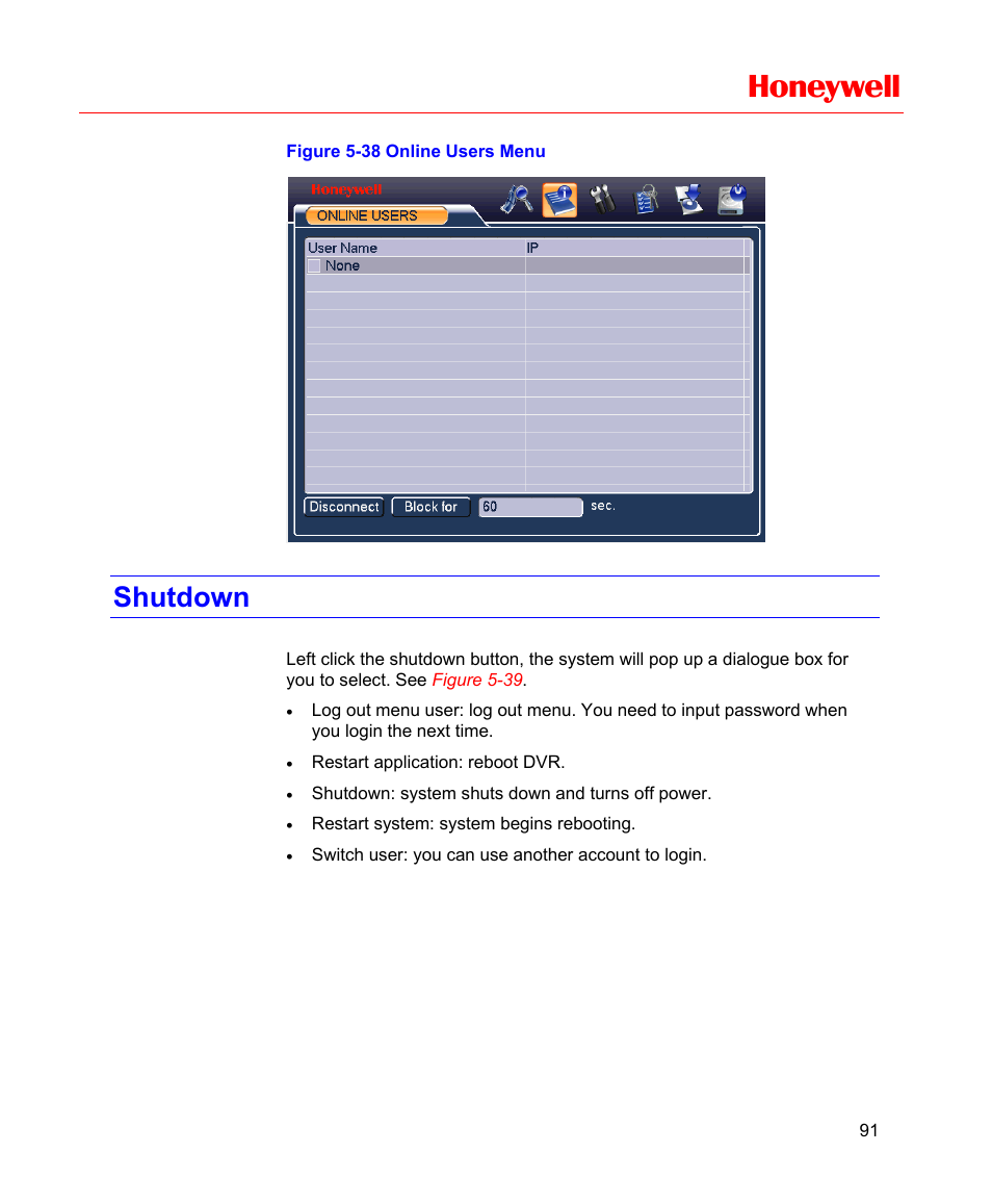 Shutdown, Figure 5-38 online users menu, Honeywell | Honeywell HD-16DVR-C User Manual | Page 107 / 169