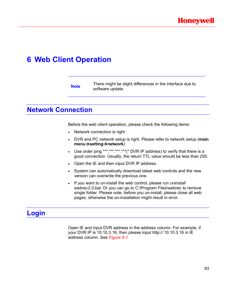 6 web client operation, Network connection, Login | Web client operation, Refer to, For network do, Honeywell | Honeywell HD-16DVR-C User Manual | Page 109 / 169