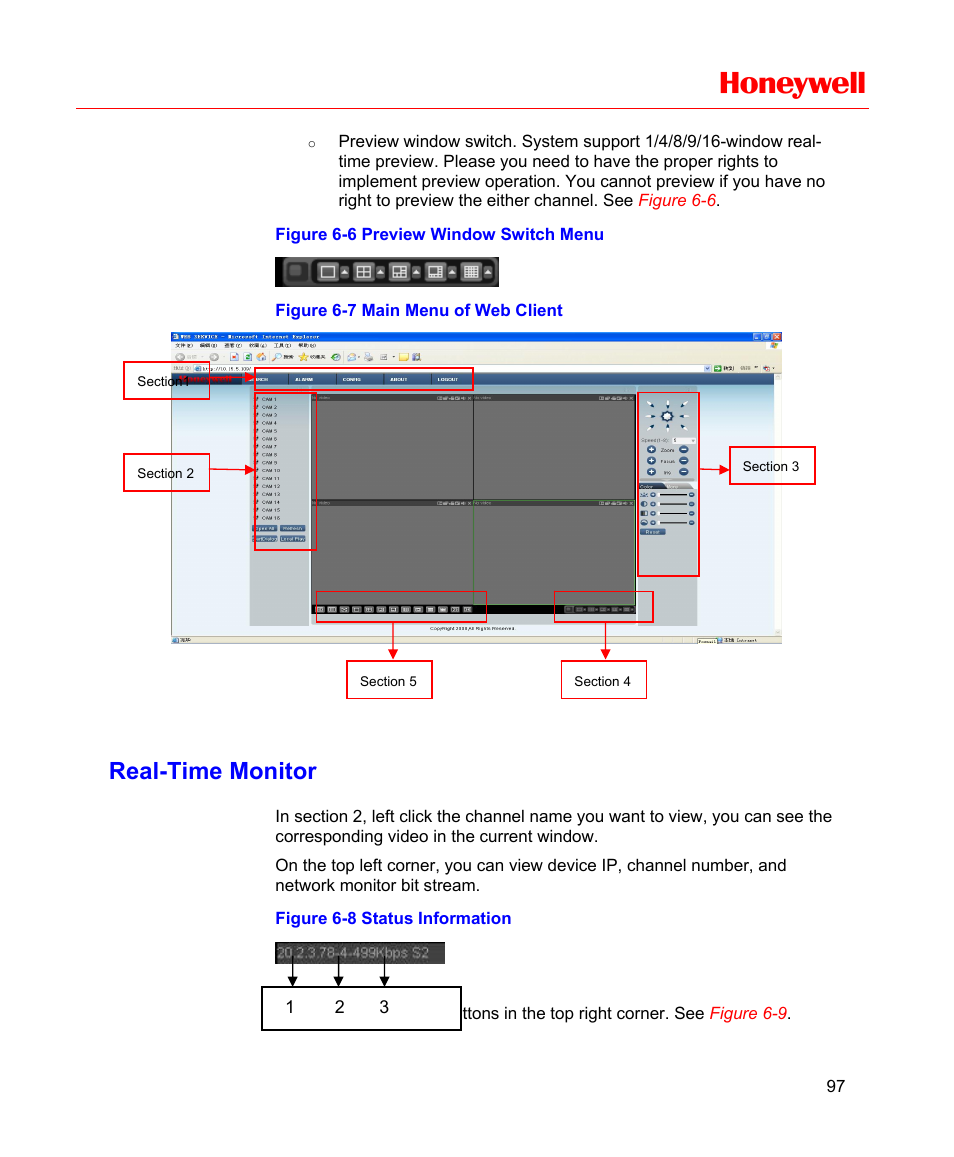 Real-time monitor, Figure 6-6 preview window switch menu, Figure 6-7 main menu of web client | Figure 6-8 status information, Figure 6-7, Honeywell | Honeywell HD-16DVR-C User Manual | Page 113 / 169