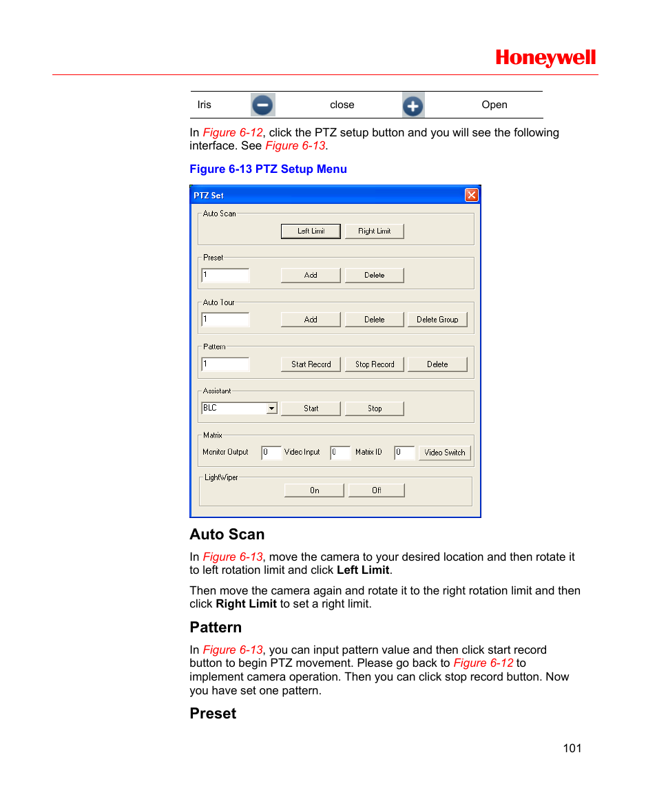 Auto scan, Pattern, Preset | Figure 6-13 ptz setup menu, Honeywell | Honeywell HD-16DVR-C User Manual | Page 117 / 169